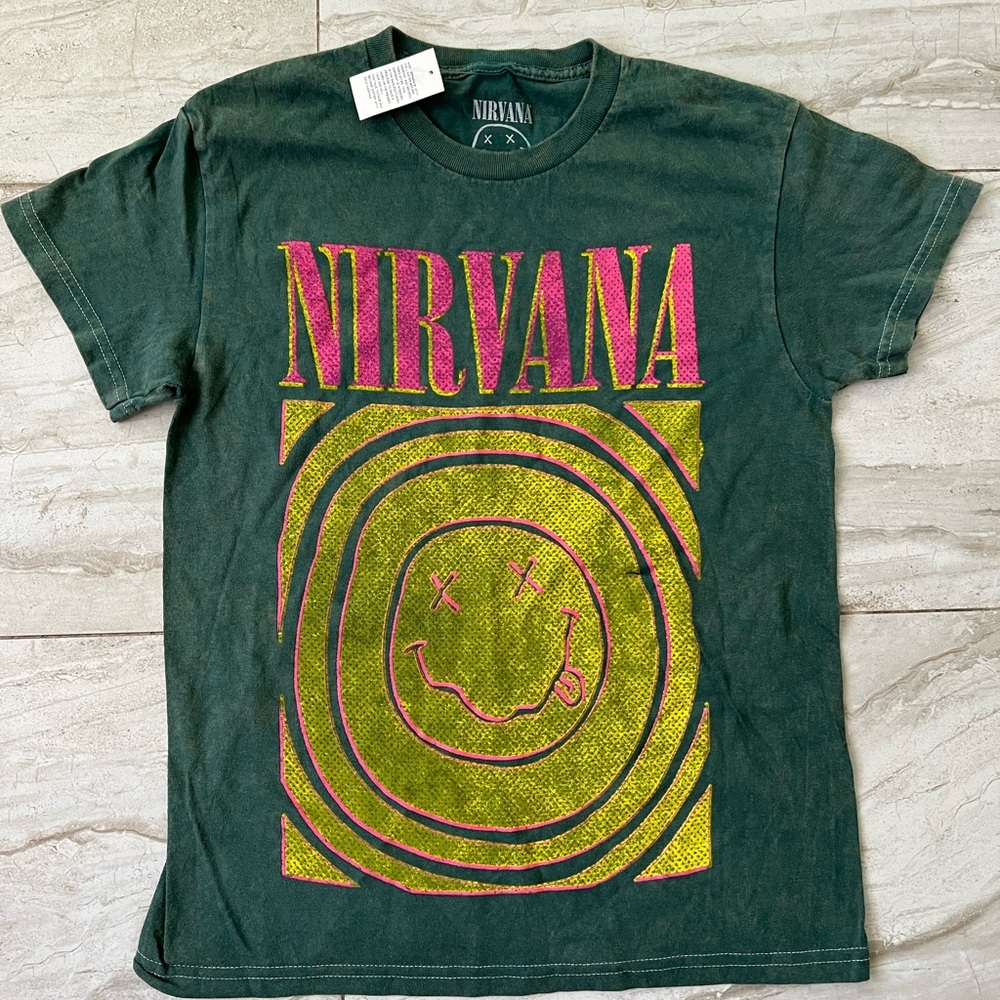 NIRVANA Stone Washed Dark Green Band Tee 100% Cotton